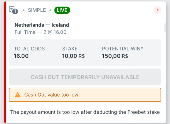 Exemplo de cashout indisponível