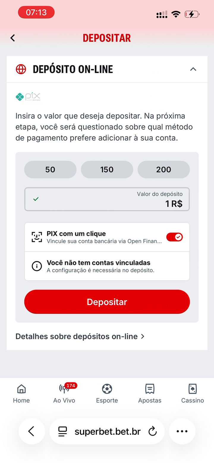 Tela de depósito com botão Depositar
