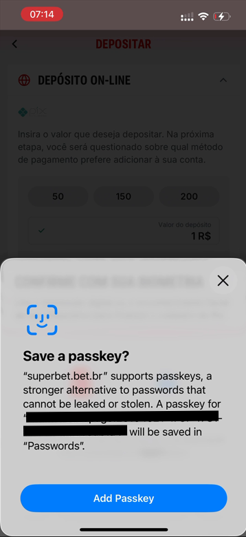 Tela de cadastro de Passkey