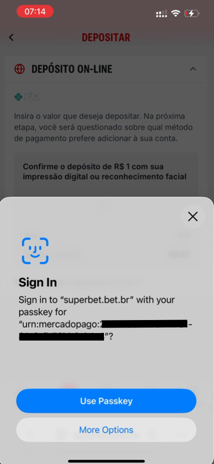 Tela de confirmação de biometria para depósito