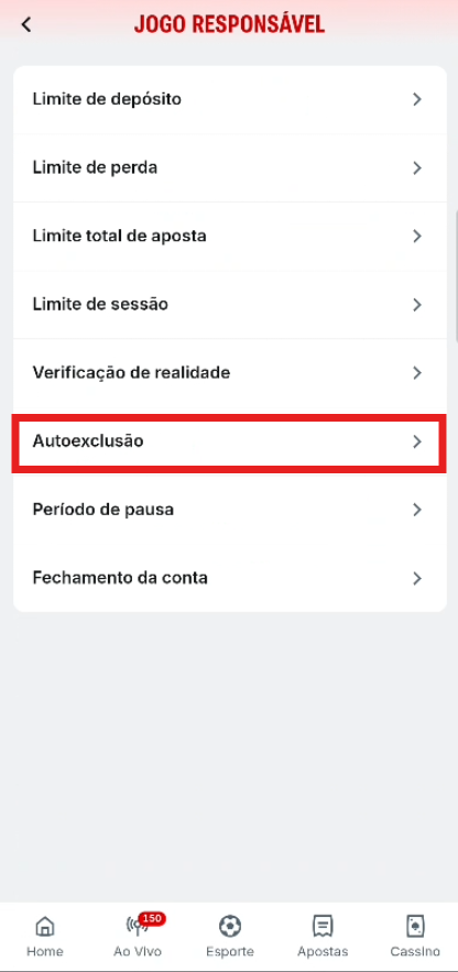 Tela de Jogo Responsável com a opção Autoexclusão em destaque