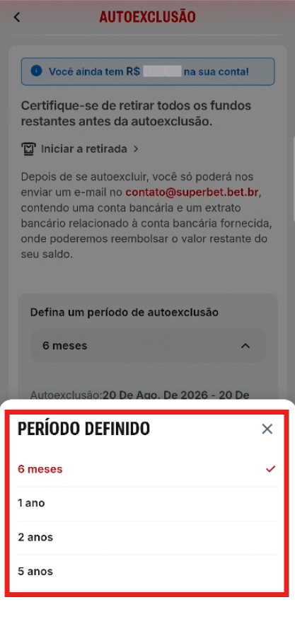Lista de opções de período de autoexclusão