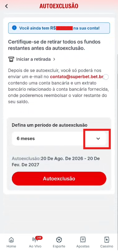 Tela de Autoexclusão com aviso de saldo disponível e campo de período em destaque