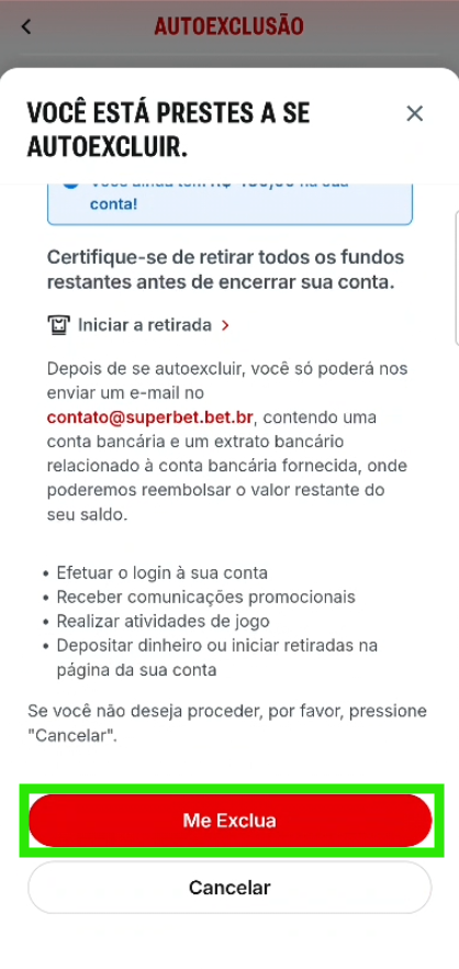 Janela de confirmação com o botão Me Exclua em destaque