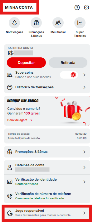 Menu de Minha Conta com a opção Jogo Responsável em destaque