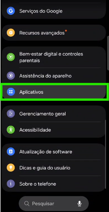 Tela de Configurações do Android com a opção Aplicativos em destaque