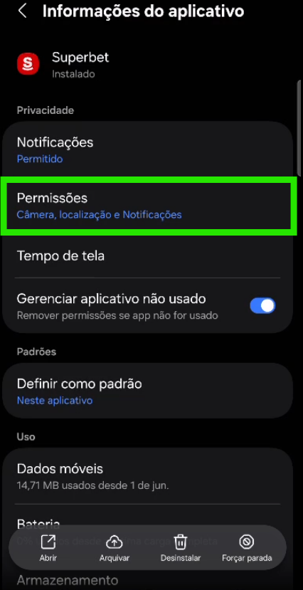 Informações do aplicativo Superbet com a opção Permissões em destaque
