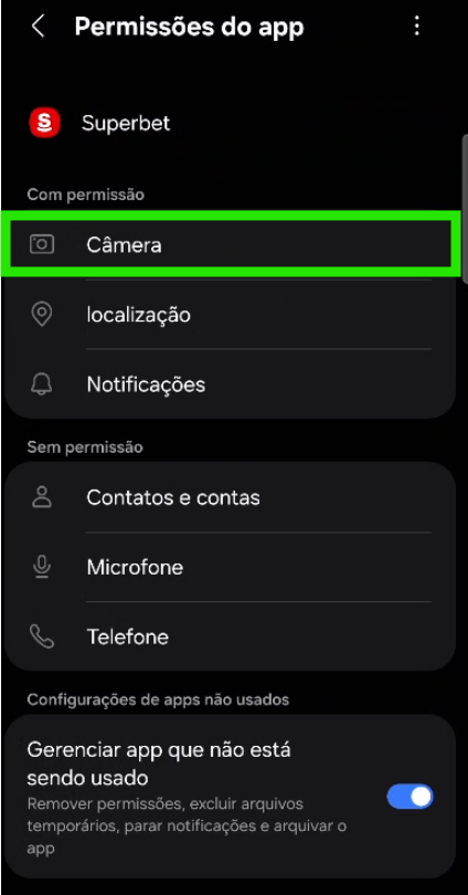 Permissões do aplicativo Superbet com a opção Câmera em destaque