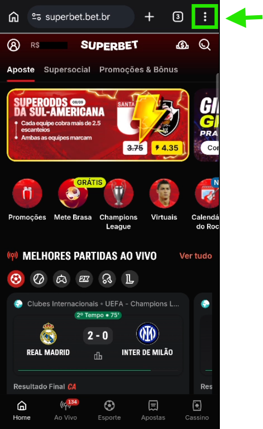 Site da Superbet aberto no Chrome com o menu de três pontos em destaque