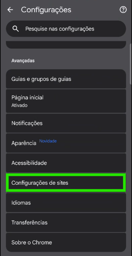 Configurações do Chrome com a opção Configurações de sites em destaque