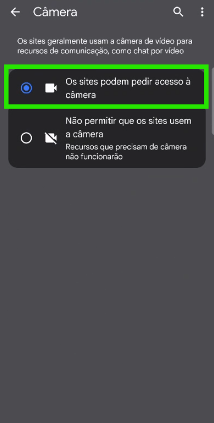 Configuração de câmera do Chrome com a opção Os sites podem pedir acesso à câmera selecionada