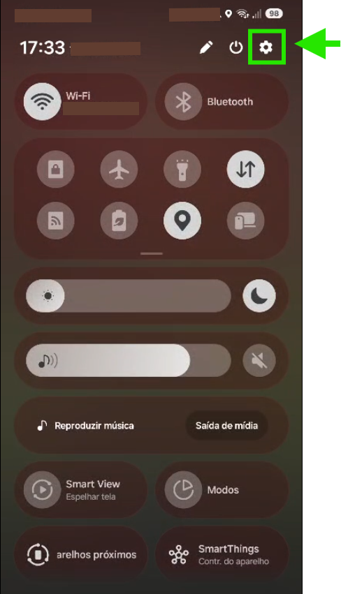 Configurações do aparelho com o ícone de engrenagem em destaque
