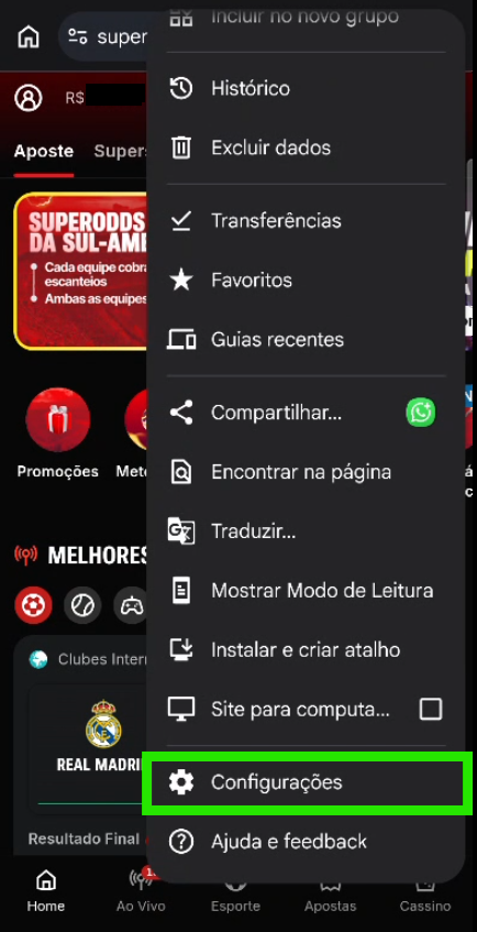 Menu do Chrome com a opção Configurações em destaque