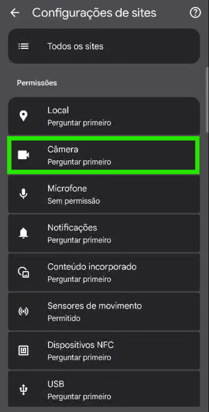 Configurações de sites do Chrome com a opção Câmera em destaque