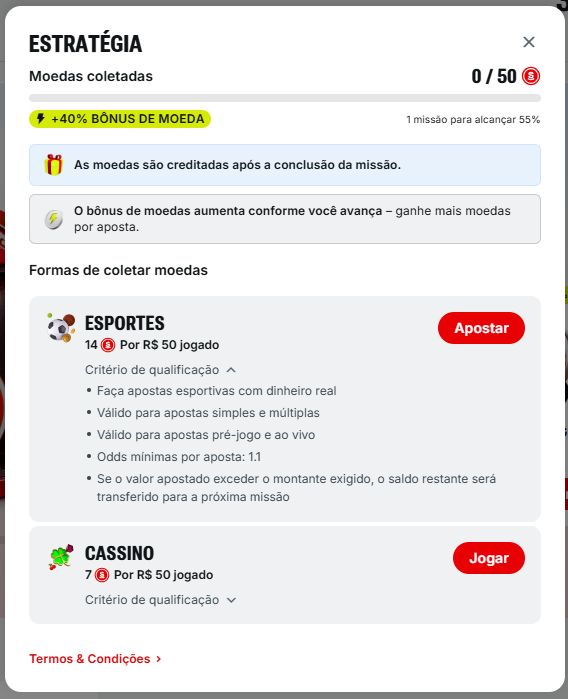 Tela de detalhes de uma missão da Operação SuperCoins com progresso, Bônus de Moeda e critérios de qualificação para esportes e cassino.